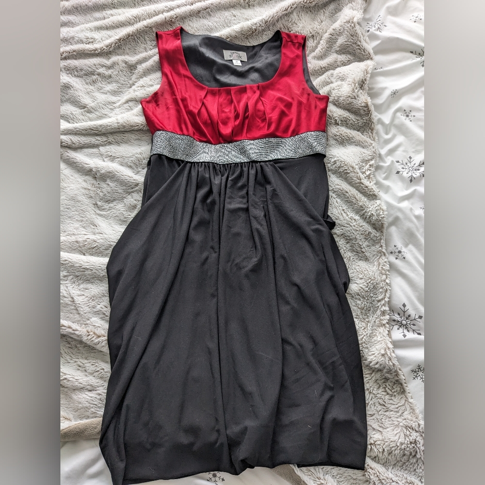 Red and Black Sleeveless Dress with Silver Accent
